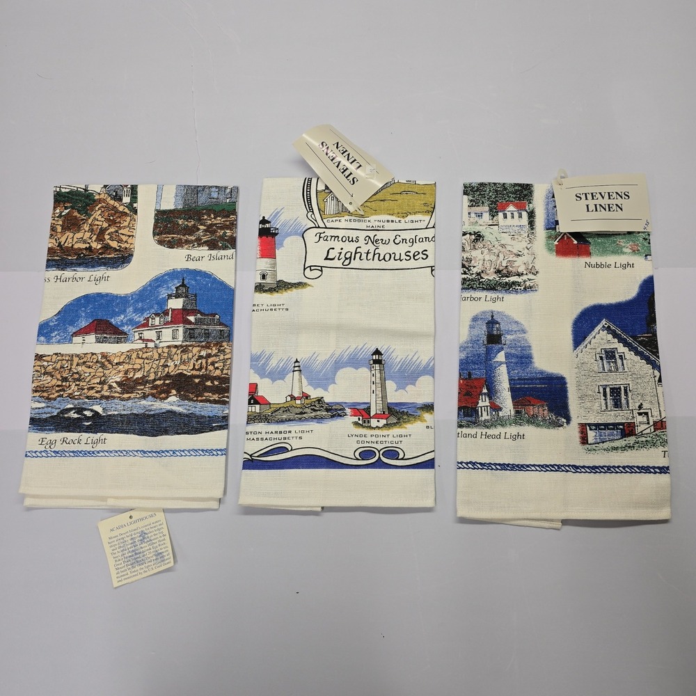 Linen New England Lighthouses Tea Towel Set‎ of 3 Maine Acadia Souvenir NWT